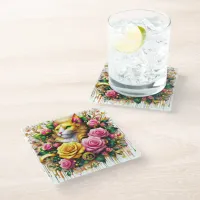 Feline Amidst a Vibrant Floral Bloom Glass Coaster