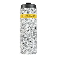 Hand Drawn Floral White Black Pattern Yellow Name Thermal Tumbler