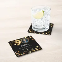 90th birthday black gold stars photo square paper coaster