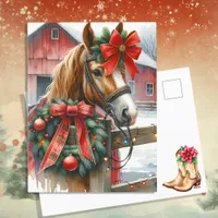 Pretty Brown Horse in Red Bow Christmas Holiday Postcard