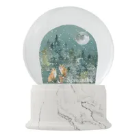 Fox Family in Forest Full Moon Snowfall Watercolor Snow Globe