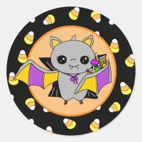 Cute Bat Holding Halloween Candy Classic Round Sticker