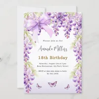 Wisteria purple florals butterfly bow birthday invitation