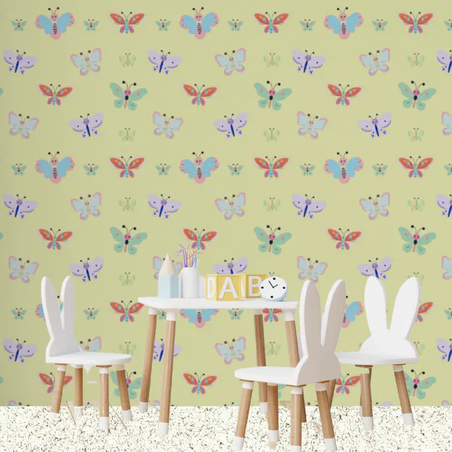 Kids Colourful Rainbow Butterfly Lemon Yellow Wallpaper