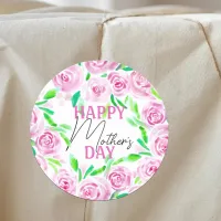 Watercolor Pink Roses Green Leaves Mother's Day Classic Round Sticker