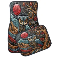 Owl Perched on the Tree Under a Red Moonlight Car Floor Mat