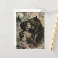 Woman and Werewolf in Love Vintage  Postcard