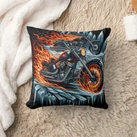 Fiery motorcycles racing through icy mountains throw pillow