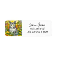 Whimsical Cat and Flowers  Label