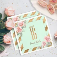 Gold Foil Stripes Floral Mint Green ID757 Napkins