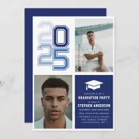 Modern Varsity Navy Blue | Photo Graduation Party Invitation