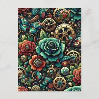 Beautiful Steampunk Themed Gears and Roses   Postcard