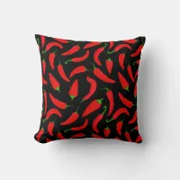 Red Chilli Pepper Pattern on Black Fun Throw Pillow