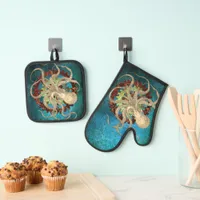 Steampunk Octopus & Clockwork Oven Mitt & Pot Holder Set