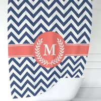 Navy Blue and Coral Chevron Laurel Monogram Shower Curtain