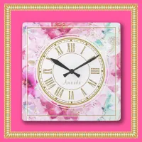 Pretty Custom Name Floral Pink Gold White Square Wall Clock