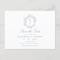 Dusty Blue Floral Crest Monogram Save the Date Announcement Postcard