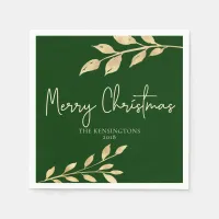 Elegant Christmas Forest Green and Gold Leaves Napkins