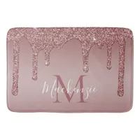 Rose Gold Sparkle Glitter Drips Monogram Bath Mat