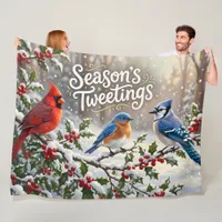 Season's Tweetings Colorful Birds on Snowy Holly Fleece Blanket