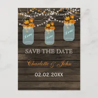 Barnwood Rustic fall leaves mason jars save dates Announcement Postcard