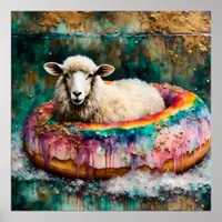 Sheep on a Rainbow Color Floating Doughnut Poster