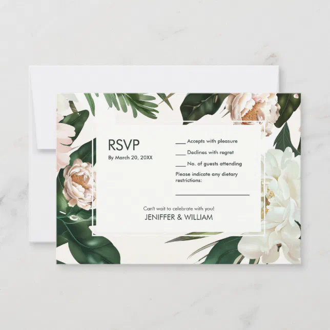 Peach White Peonies & Green Leaves Floral Wedding RSVP Card