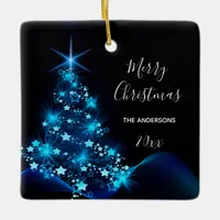 Christmas black blue tree family name ceramic ornament