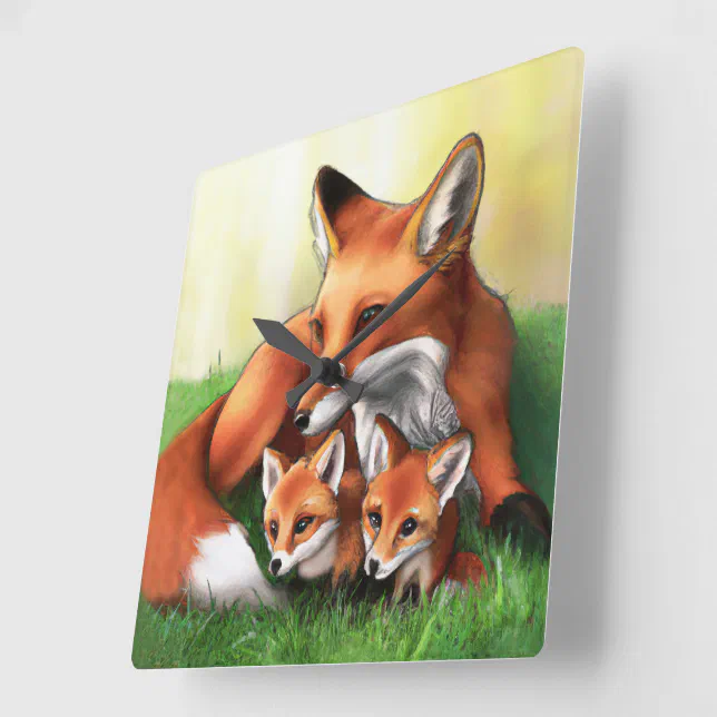 Red Fox Mother and Kits in the Grass Square Wall Clock