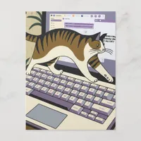 Funny Cat Walking on Computer Postcard