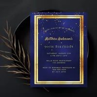 90th birthday party blue gold shiny invitation postcard