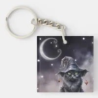 Black Halloween Cat Wearing a Witch Hat Keychain