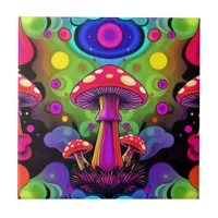 Psychedelic Vibrant Colorful Retro Mushrooms Ceramic Tile