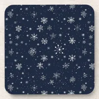 White Snowflakes on a Dark Blue Background Beverage Coaster