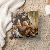 Native American Woman With Tiger by Fire Throw Pillow