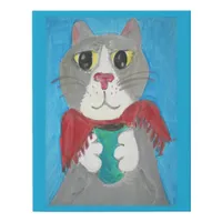 Grey Folk Art Cat and Coffee Faux Canvas Print