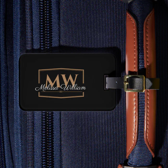 Black White Gold Monogram Name Luggage Tag