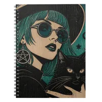 A witch with her black cat Woodblock print Notebook