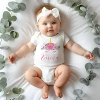 Watercolor Unicorn Face Floral Stars Monogram Baby Bodysuit