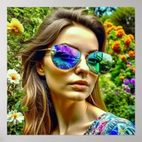 Beautiful Girl with Sunglasses Reflection Flowers Poster