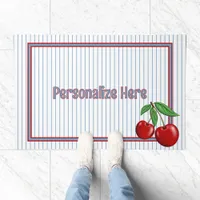 Red Cherries on Blue Stripes Personalized Doormat