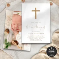 Gold Script Glitter Cross Photo Christening  Invitation