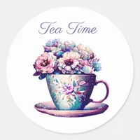 Tea Time | Pretty Vintage Tea Cup full of Flowers Classic Round Sticker