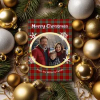 Red green plaid photo white snowflakes faux gold holiday card