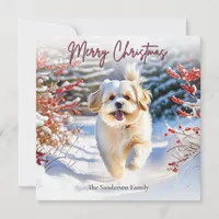 Cute Lhasa Apso Dog In Snow Merry Christmas Holiday Card