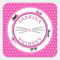 Peeking Cats Pink Polka Dot Square Sticker