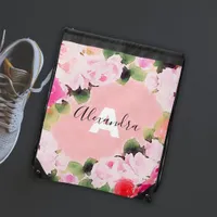 Beautiful Artistic Watercolor Pink Roses With Name Drawstring Bag