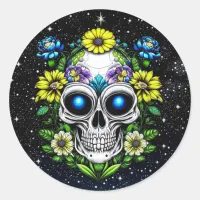 Alien Extraterrestrial with Blue Eyes and Flowers Classic Round Sticker