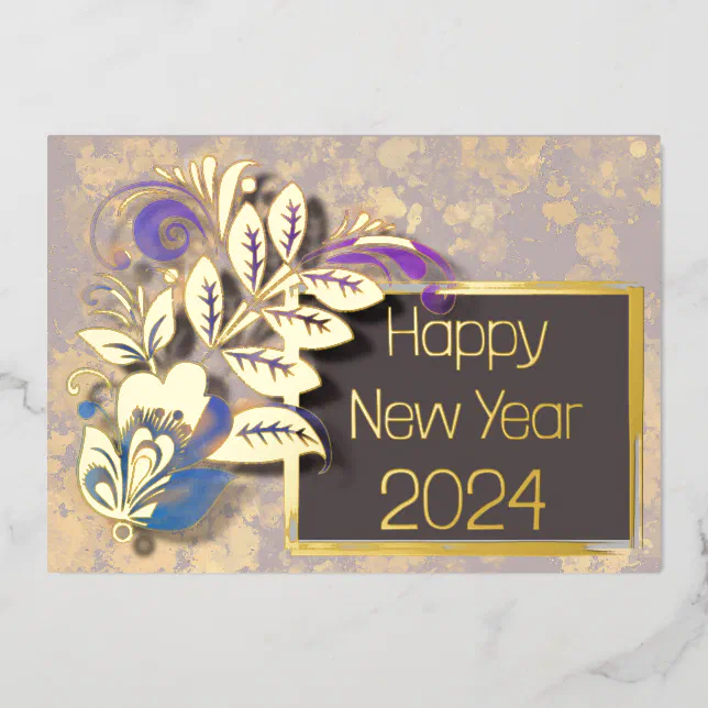 Leaves and flowers for a happy new year blue purpl foil invitation