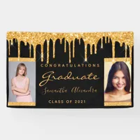 Graduation party black gold glitter duo photo banner